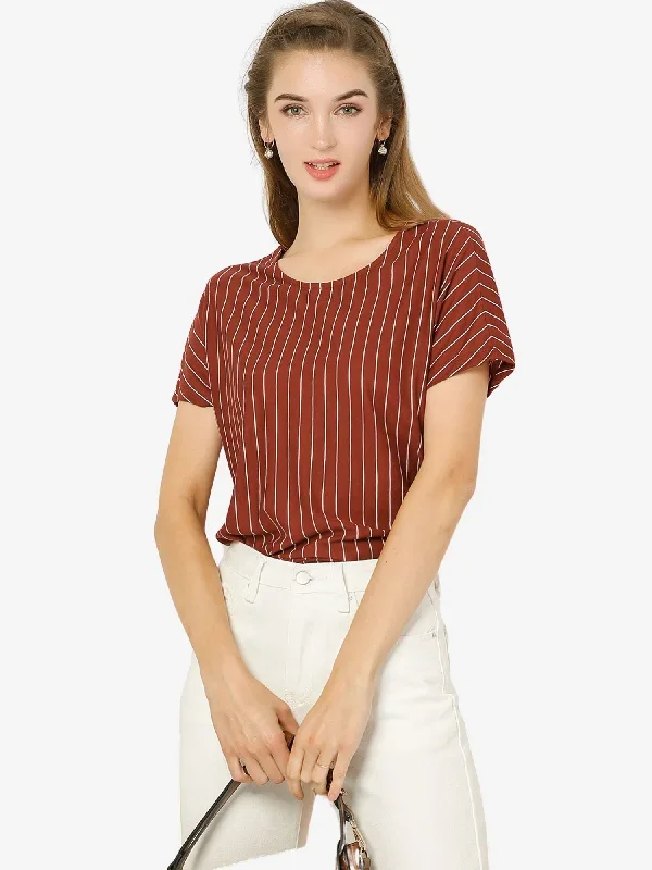 Round Neck Blouse Short Sleeve Vertical Striped Shirt