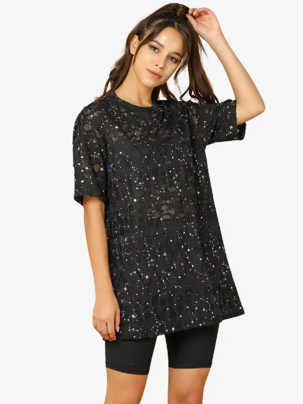 Metallic Star Tunic Ripped Round Neck Loose Short Sleeve Blouse