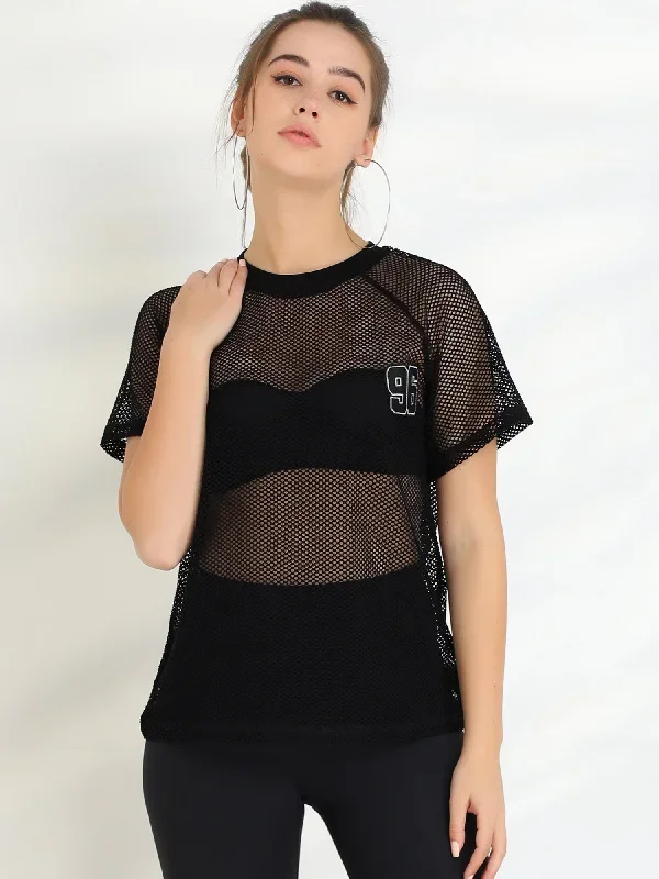 Mesh T-Shirt Fishnet Cover Up Raglan Sleeve Party Club Sheer Top