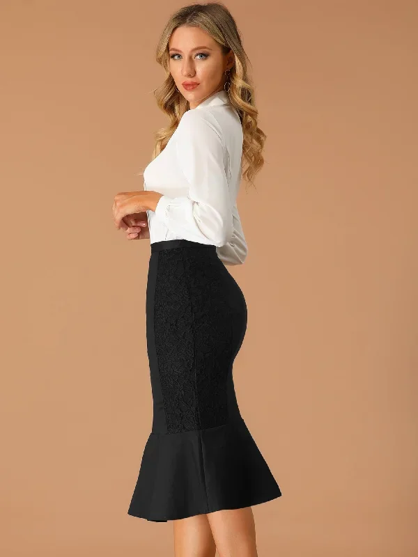 Pencil Lace Ruffle Work Office High Waist Skirt