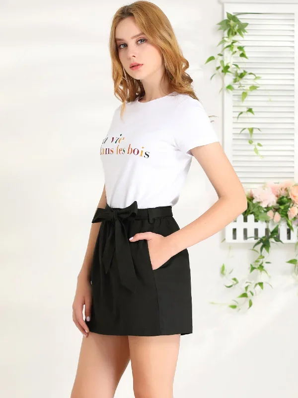 Casual Elastic Waist Bow Tie Work Belted Shorts Skorts Skirt