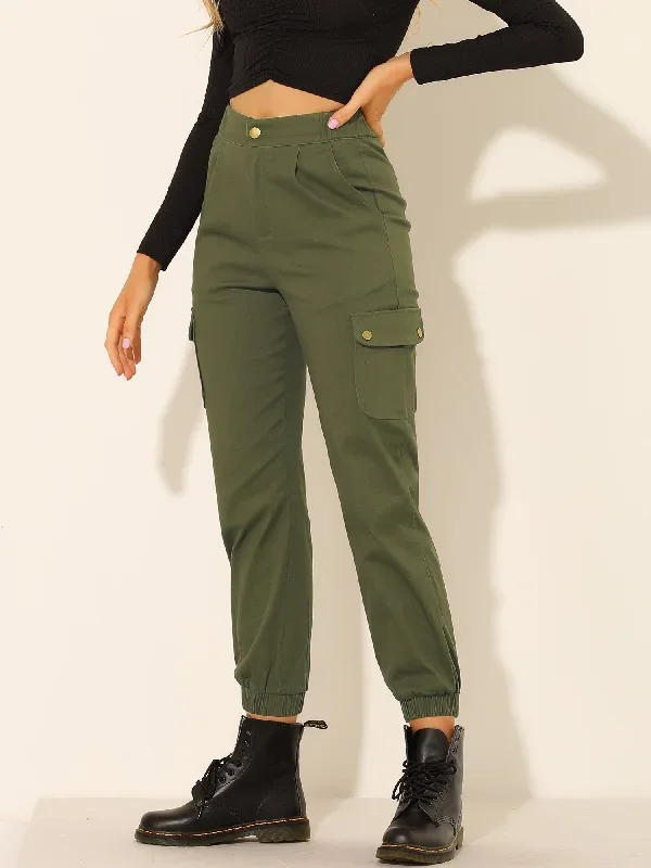 High Waist Utility Stretch Twill Cargo Pants Pockets Trousers