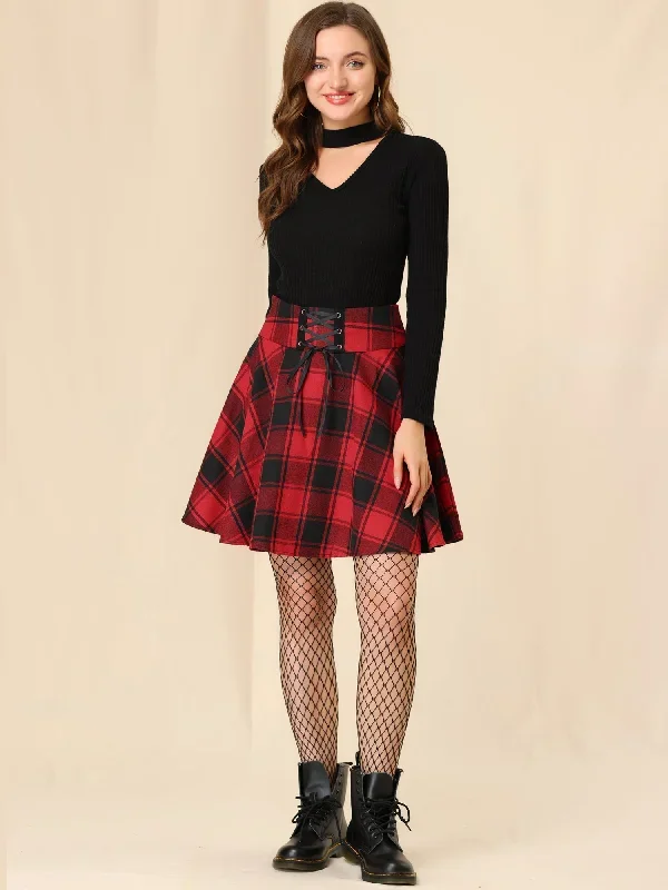 Plaid Lace Up Pleated High Waist A-Line Short Skirt