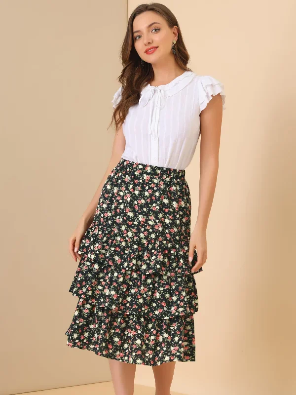 Summer Elegant Layer Flowy Ruffle Boho Floral Midi Skirt