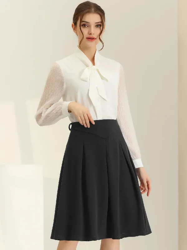 Women's A-Line Belted Waist Casual Midi Flare Pleated Skirt