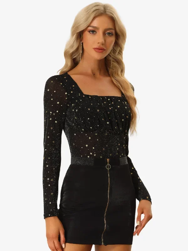 Glitter Sheer Mesh Top Square Neck Ruched Metallic Stars T-Shirt