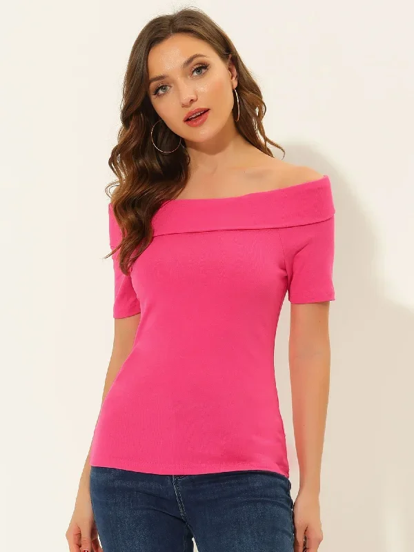 Off Shoulder Top Basic Layering Soft Short Sleeve Shirt