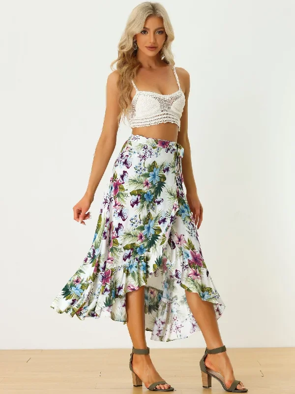 Women's Tropical Floral Print Ruffle Self Tie Knot Split Beach Wrap Midi Skirt