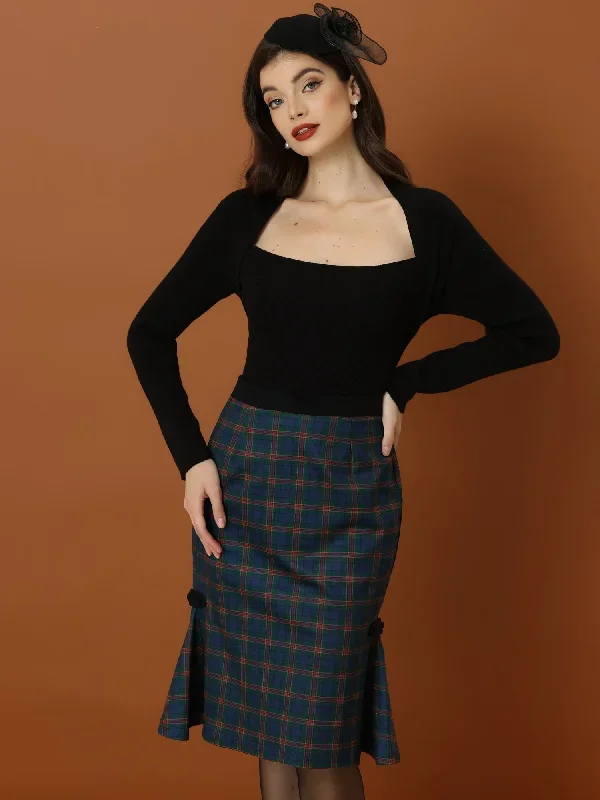 Women's Retro Plaid Print High Waisted Fishtail Mermaid Midi Skirt