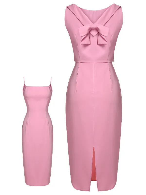 2PCS Pink 1960s Lapel Bowknot Blouse & Solid Spaghetti Strap Dress