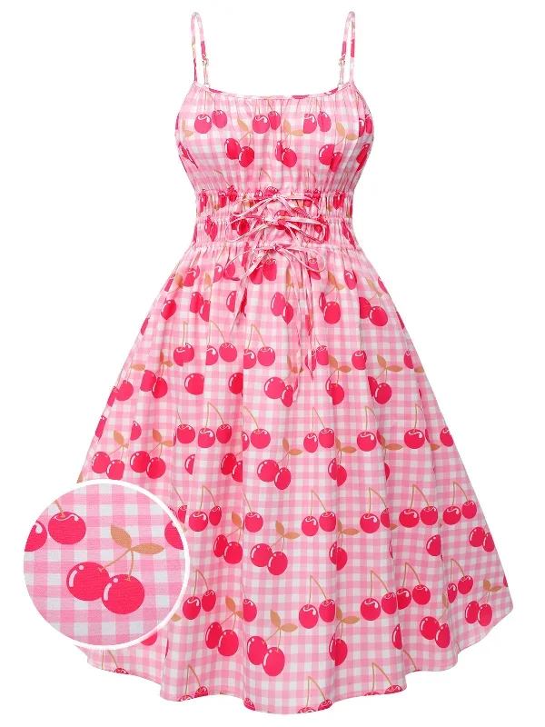 Pink 1950s Cherry Spaghetti Strap Dress