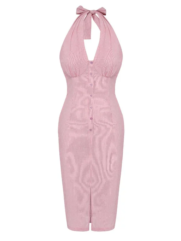 pink-1960s-halter-stripes-slit-dress