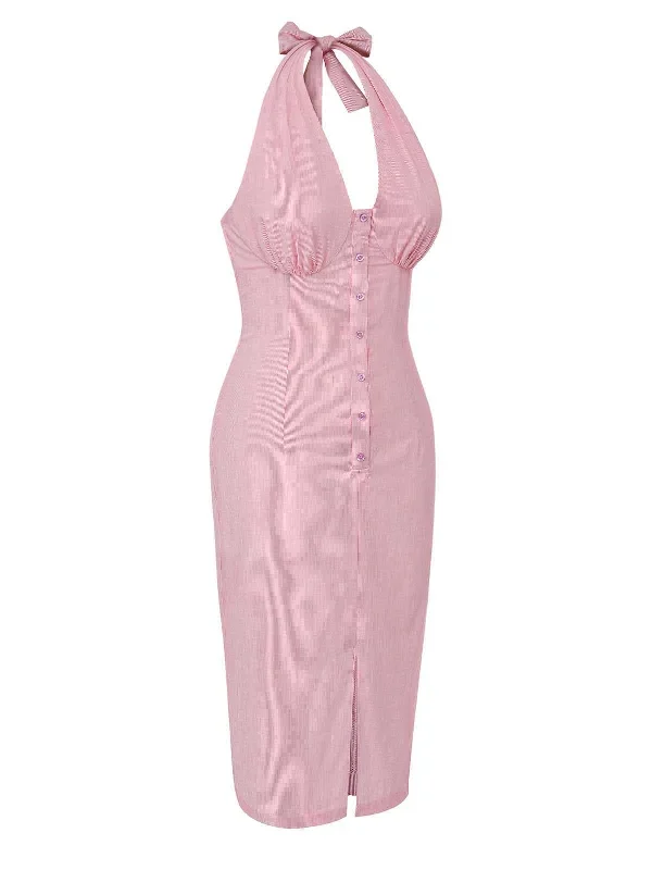 pink-1960s-halter-stripes-slit-dress