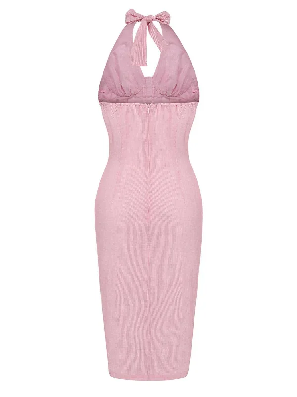 pink-1960s-halter-stripes-slit-dress