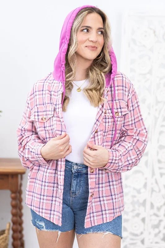 Pink and Orchid Plaid Hooded Button Up Top