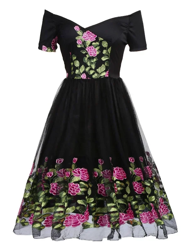 Black 1950s Peony Embroidery Dress