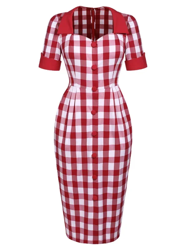 red-1960s-checked-pockets-pencil-dress