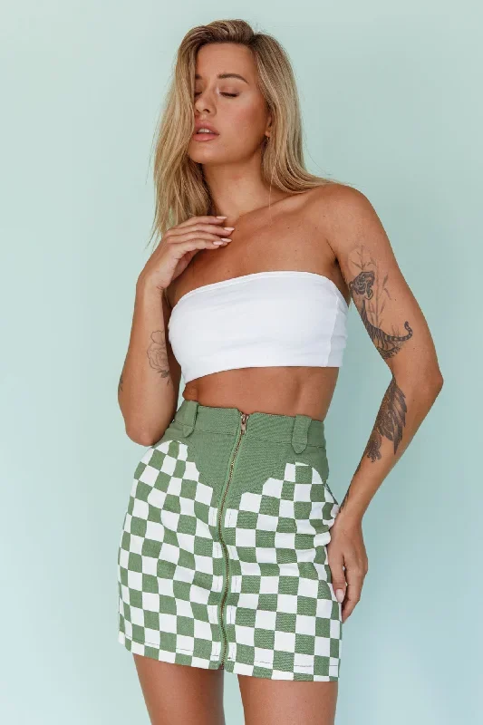 Rewind Zipper Front Mini Skirt Checkered Green