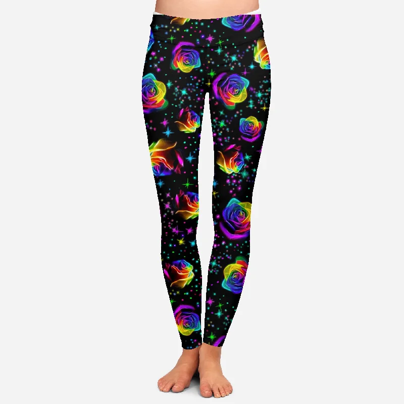 RTS - Rainbow Roses Leggings with High Side Pockets