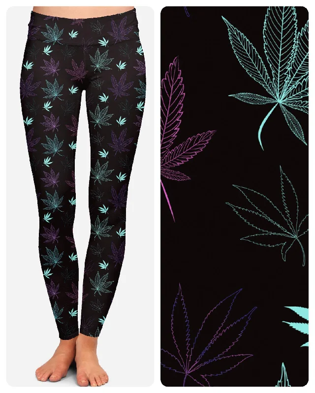 RTS - Stencil Leaves Leggings with High Side Pockets