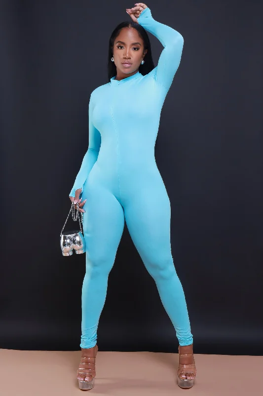 Save Tonight Mock Neck Jumpsuit - Baby Blue