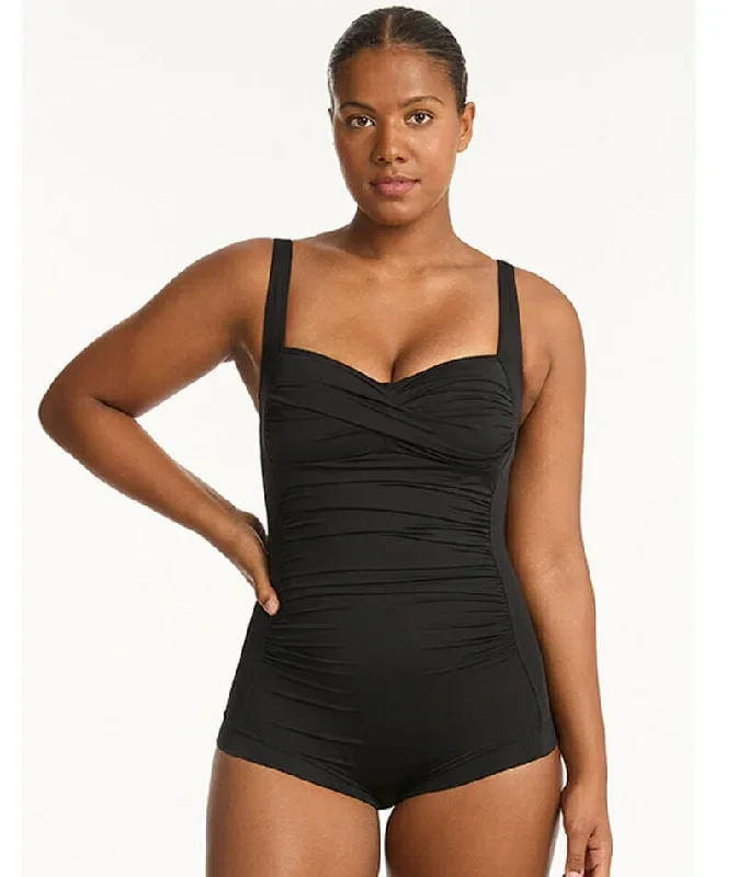 Sea Level Eco Essentials Twist Front A-DD Cup Boyleg One Piece Swimsuit - Black