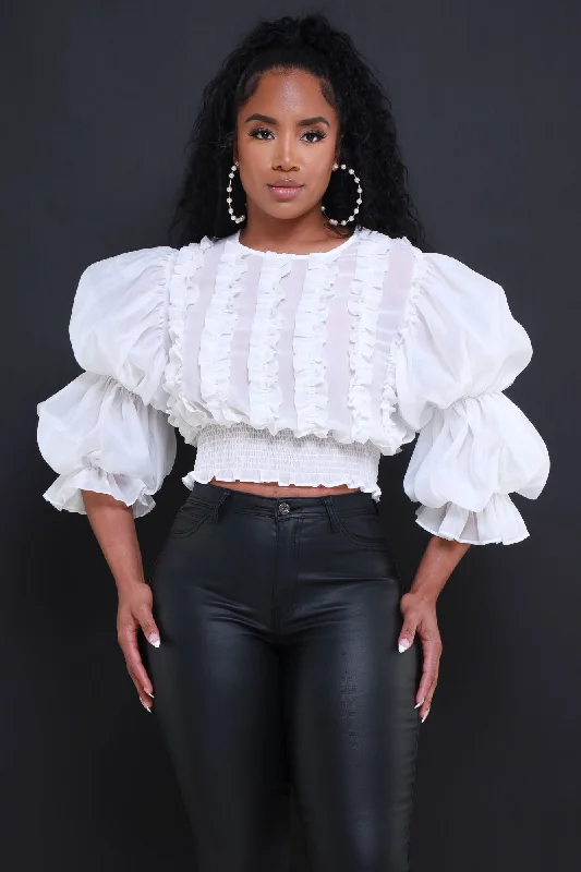 Shine Through Balloon Sleeve Crop Top - White