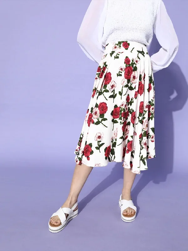 Berrylush Women White & Red Floral Printed Flared Skirt