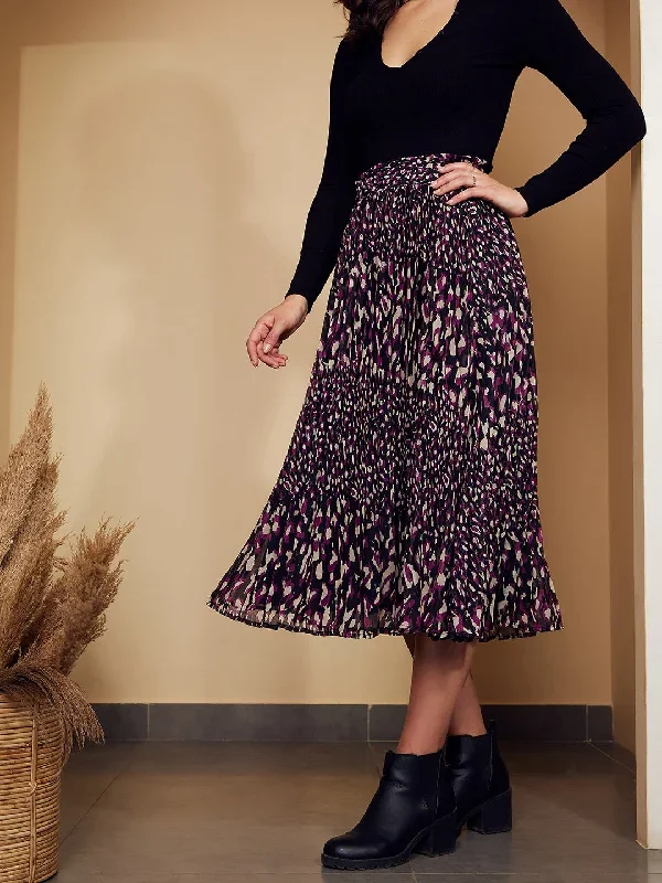 sk5044bk-berrylush-women-black-purple-animal-printed-high-rise-waist-slip-on-pleated-a-line-midi-skirt