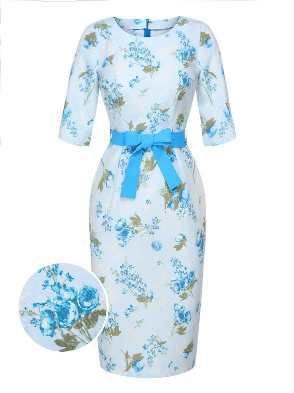 Sky Blue 1960s Floral Belted Pencil Dress