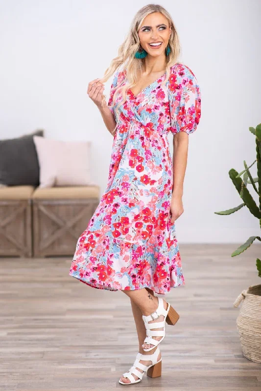 Sky Blue and Pink Puff Sleeve Floral Dress