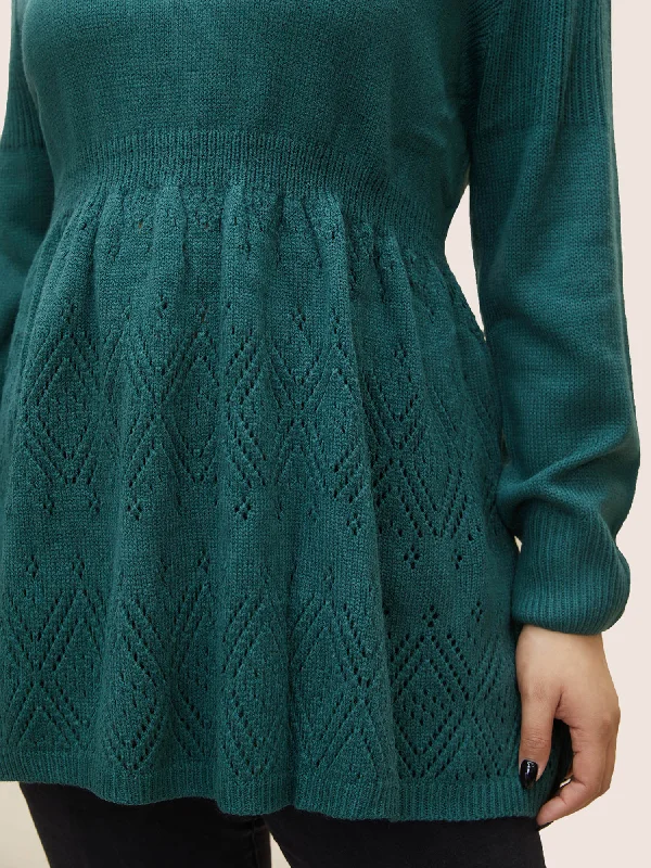 solid-hollow-out-elastic-waist-knit-pullover