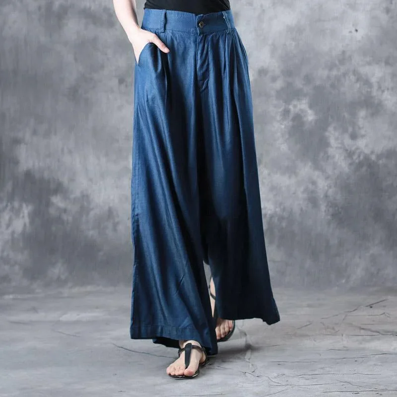 summer blue stylish silk pants loose draping wide leg pants