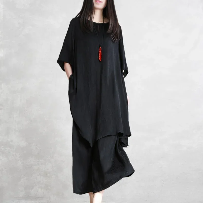 Summer models loose thin black Tencel suit female irregular long shirt + casual wide leg pants