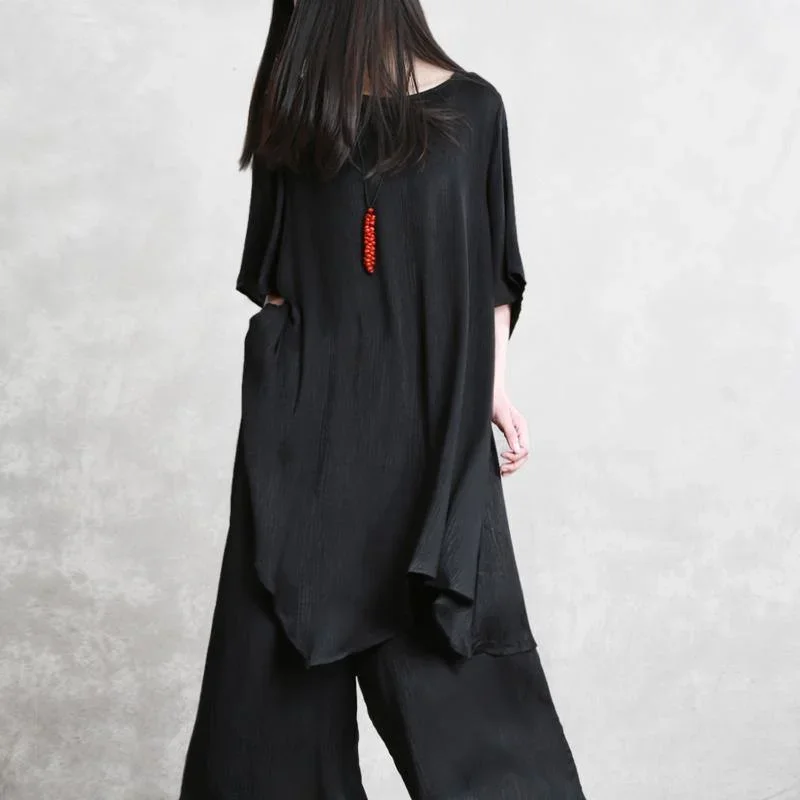 summer-models-loose-thin-black-tencel-suit-female-irregular-long-shirt-casual-wide-leg-pants