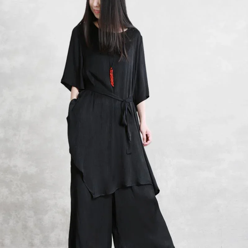 summer-models-loose-thin-black-tencel-suit-female-irregular-long-shirt-casual-wide-leg-pants