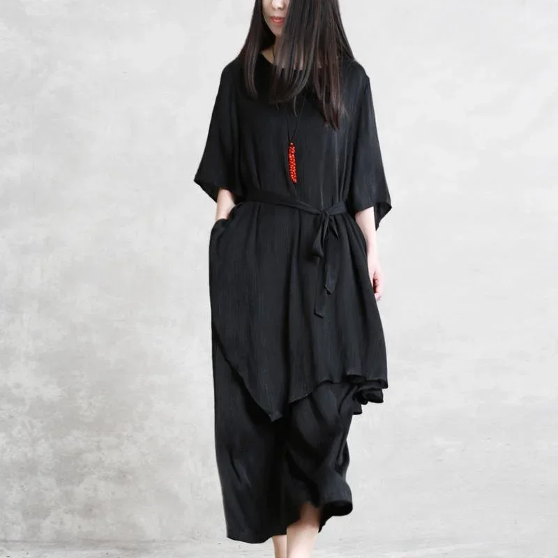 summer-models-loose-thin-black-tencel-suit-female-irregular-long-shirt-casual-wide-leg-pants