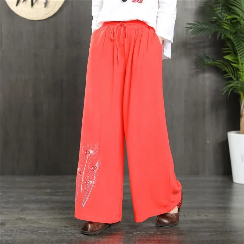 summer new orange linen casual trousers loose elastic waist wide leg pants