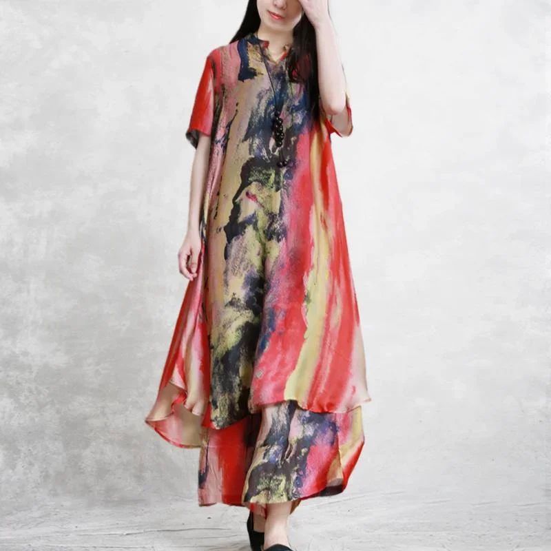 Summer new silky two-piece set of long T-shirt + nine pants