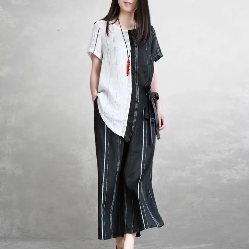 Summer original black and white stitching irregular pure linen set tie shirt striped wide leg pants