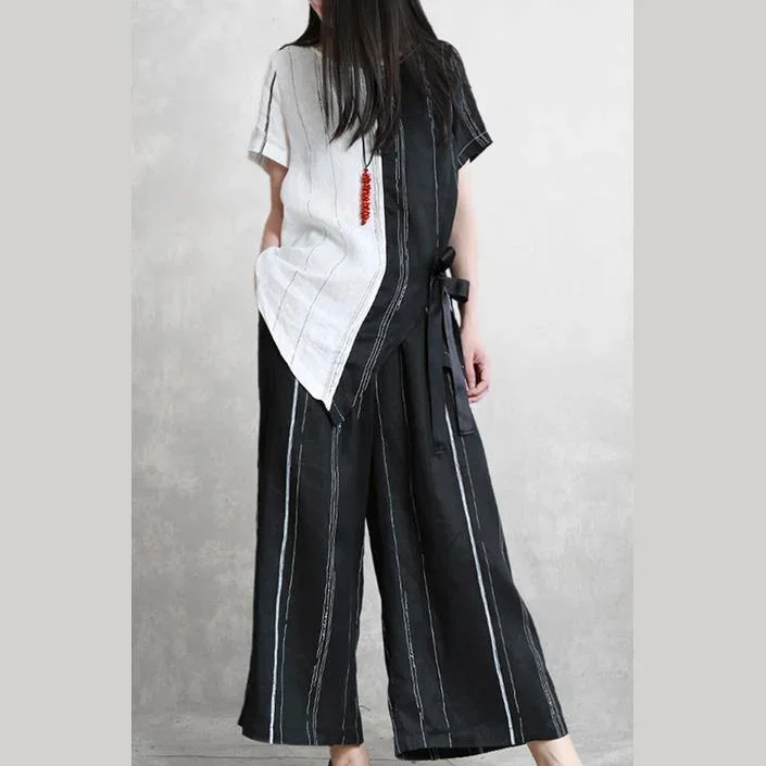 summer-original-black-and-white-stitching-irregular-pure-linen-set-tie-shirt-striped-wide-leg-pants