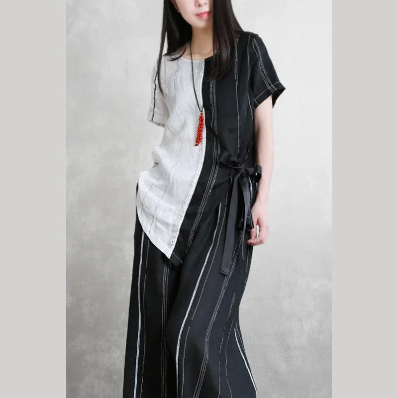 summer-original-black-and-white-stitching-irregular-pure-linen-set-tie-shirt-striped-wide-leg-pants