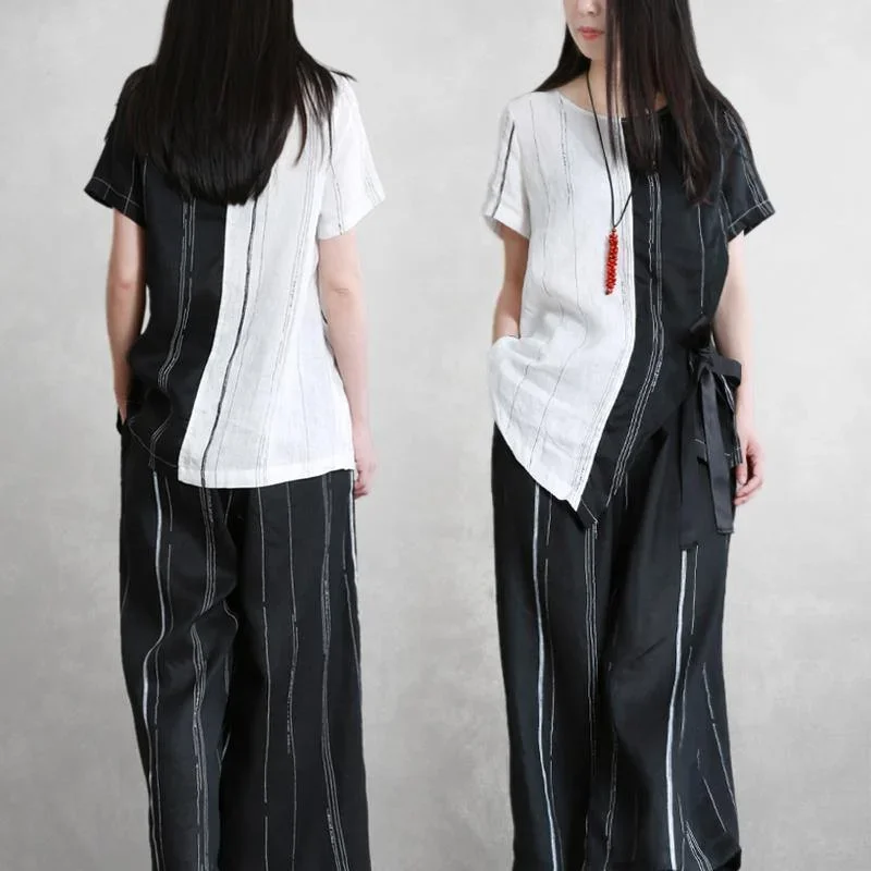 summer-original-black-and-white-stitching-irregular-pure-linen-set-tie-shirt-striped-wide-leg-pants