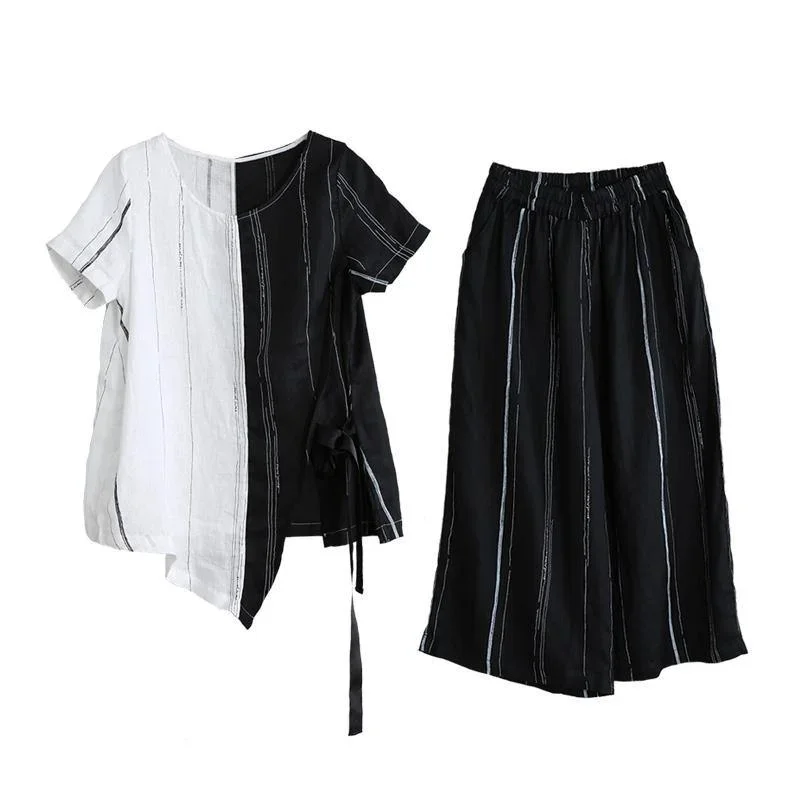 summer-original-black-and-white-stitching-irregular-pure-linen-set-tie-shirt-striped-wide-leg-pants