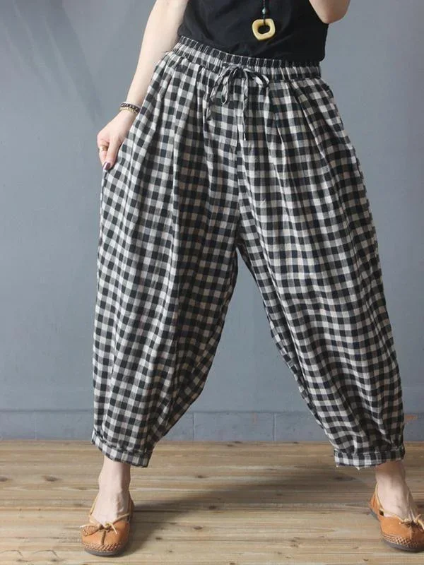 Summer Plaid Drawstring Pants Plus Size Cotton Linen Harem Pants