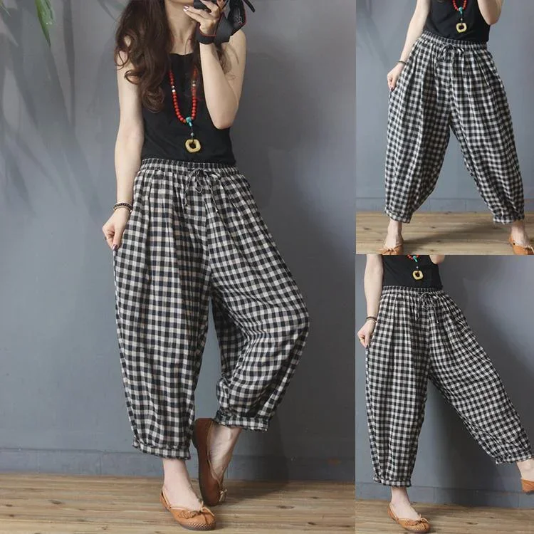 summer-plaid-drawstring-pants-plus-size-cotton-linen-harem-pants