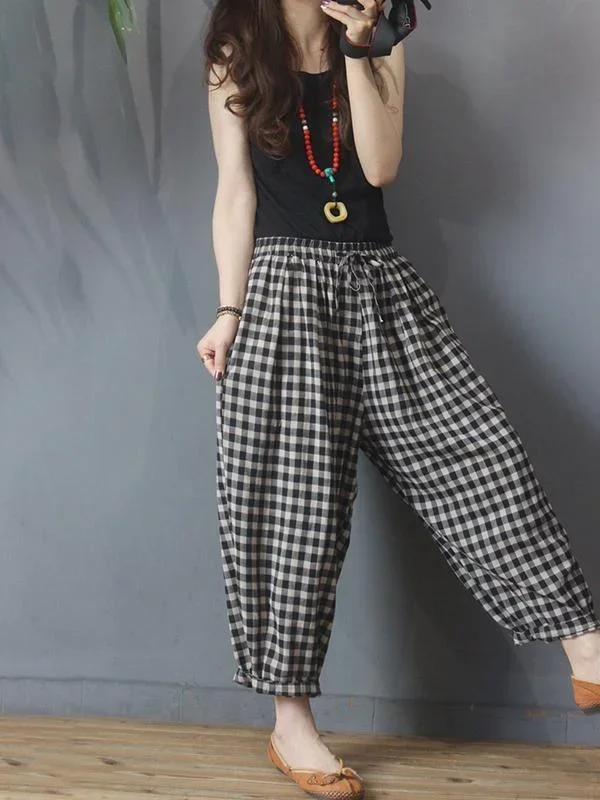 summer-plaid-drawstring-pants-plus-size-cotton-linen-harem-pants