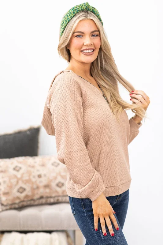 Tan Waffle Knit Half Zip Top