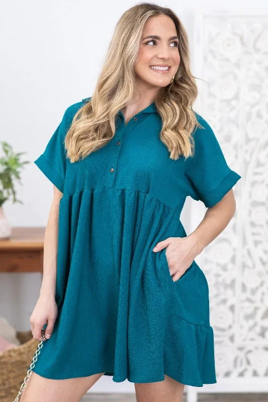 teal-woven-short-sleeve-collar-button-dress