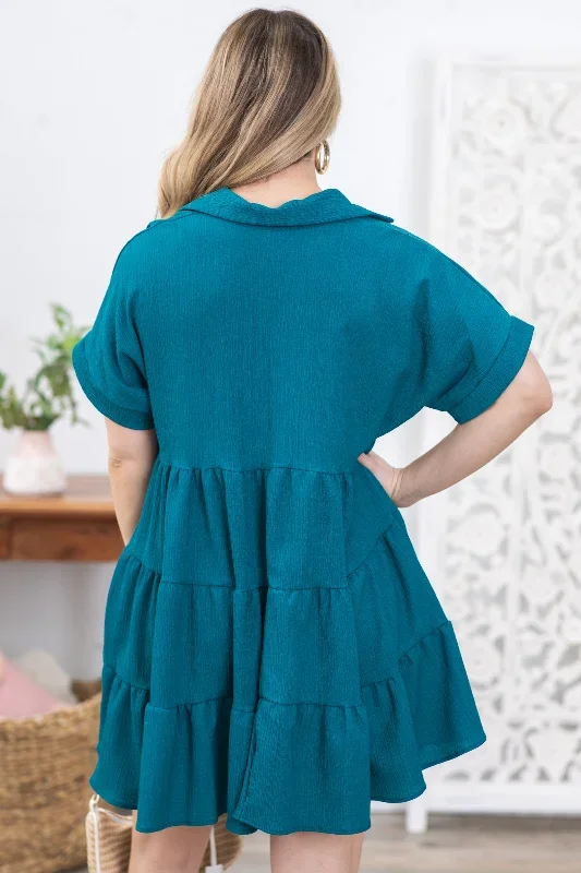 teal-woven-short-sleeve-collar-button-dress